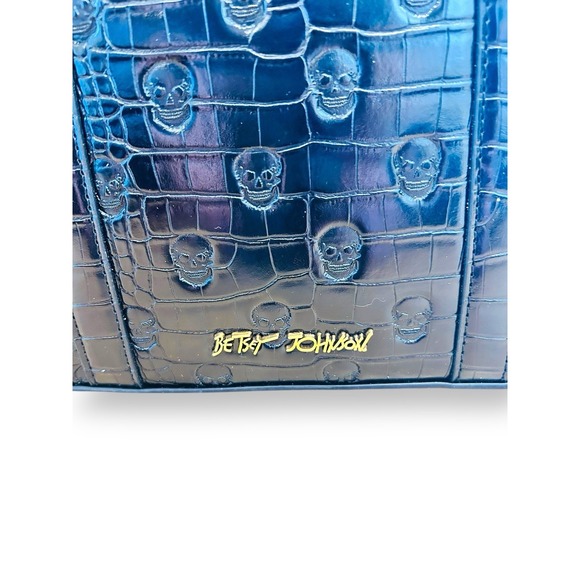 Betsey Johnson Handbags - Betsey Johnson Xomattie Skull Patent Leather Work Tote Bag Black Gold Charms